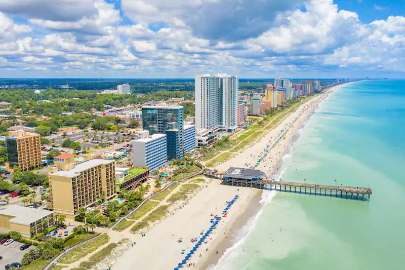 An aerial view of the beach and ocean in South Carolina.