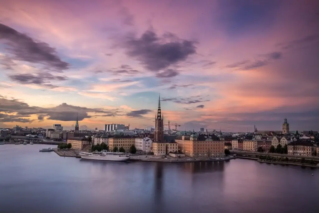 The city of Stockholm in Sweden at sunset.